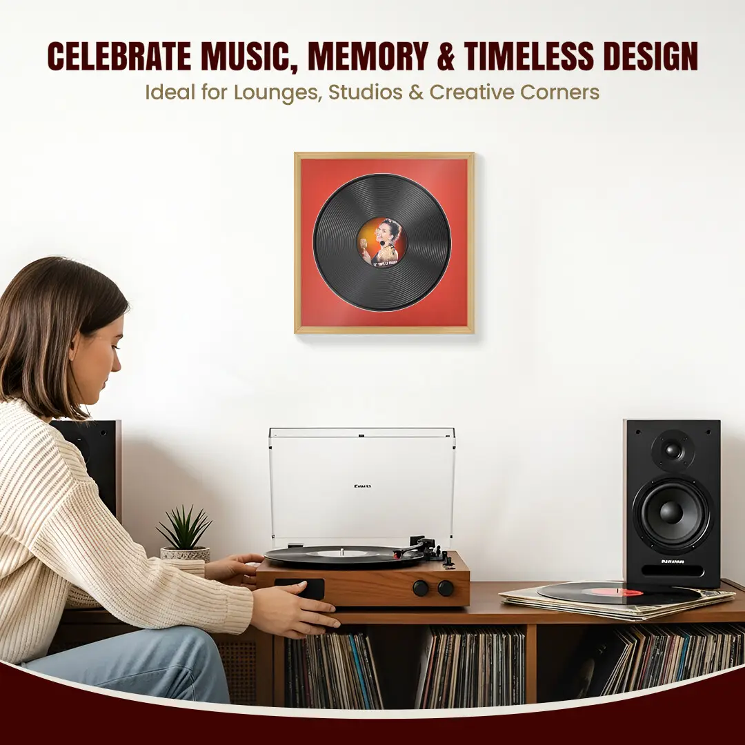 16x16" Classic Country Pine Vinyl Record Frame With Poppy Red Mount For 12" LP Discs | Premium Wall Frame For Music Enthusiasts thumbnail 4