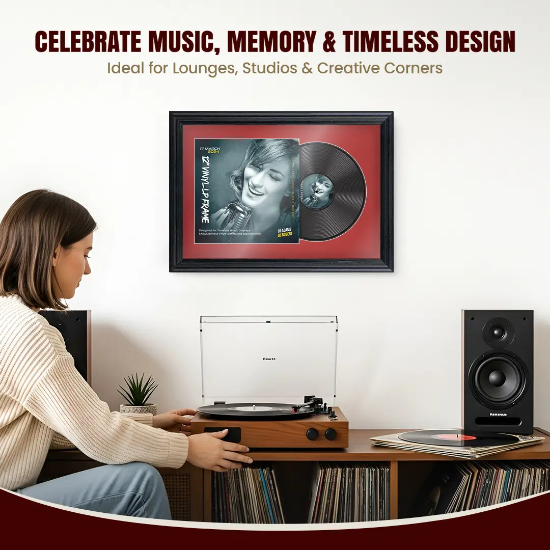 25x17" Classic Black Vinyl Record Frame For LP Cover & Disc With Crimson Mount | Overlapped Display thumbnail 4