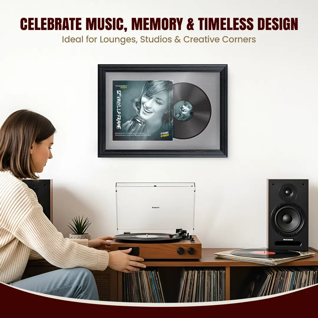25x17" Classic Black Vinyl Record Frame For 12 Inch LP Cover & Disc With Mid Grey Mount | Overlapped Vinyl Display thumbnail 4