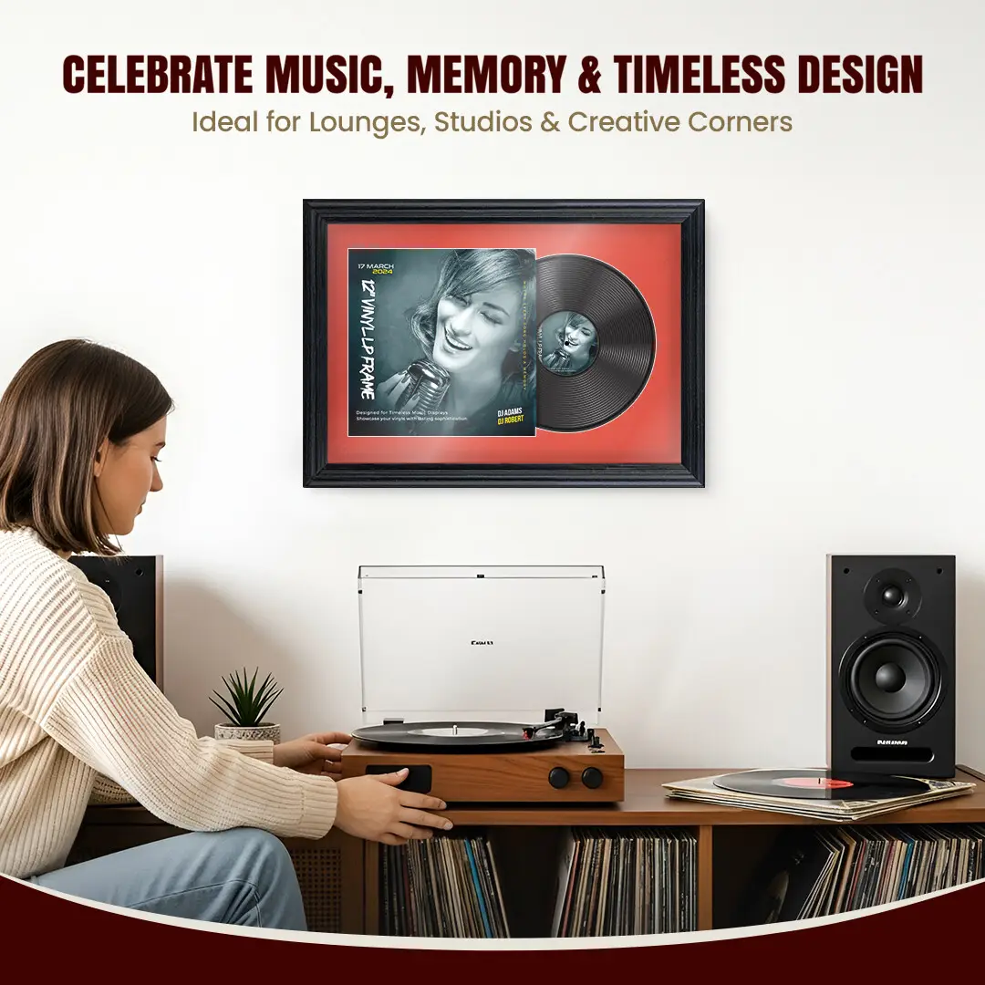 25x17" Classic Black Vinyl Record Frame For LP Cover & Disc With Poppy Red Mount | Overlapped Display thumbnail 4
