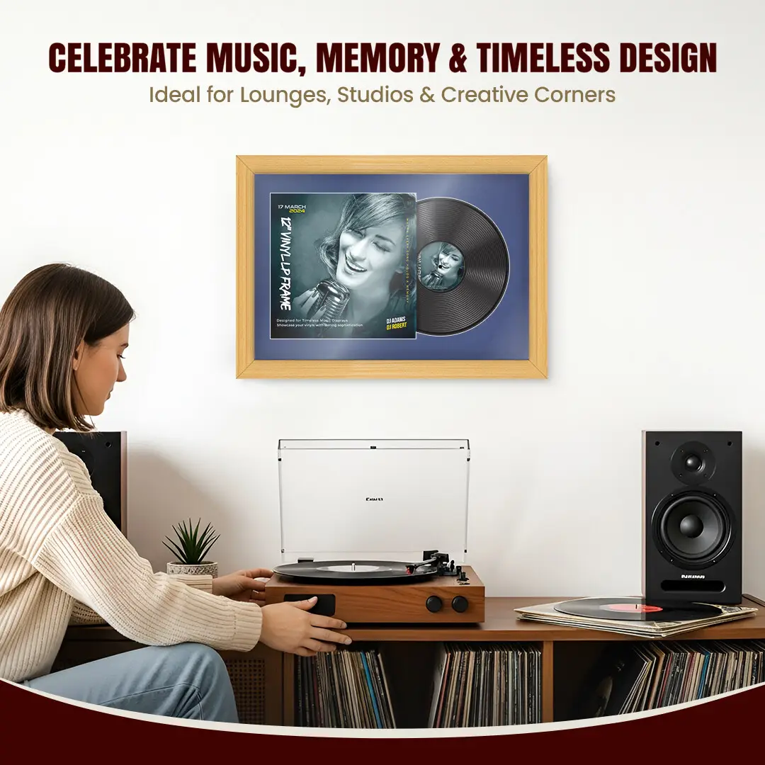 25x17" Classic Country Pine Vinyl Record Frame For LP Cover & Disc With Blue Mount | Overlapped Display thumbnail 4
