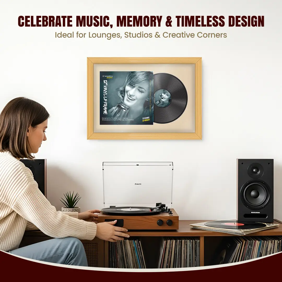 25x17" Classic Country Pine Vinyl Record Frame For LP Cover & Disc With Ivory Mount | Overlapped Display thumbnail 4