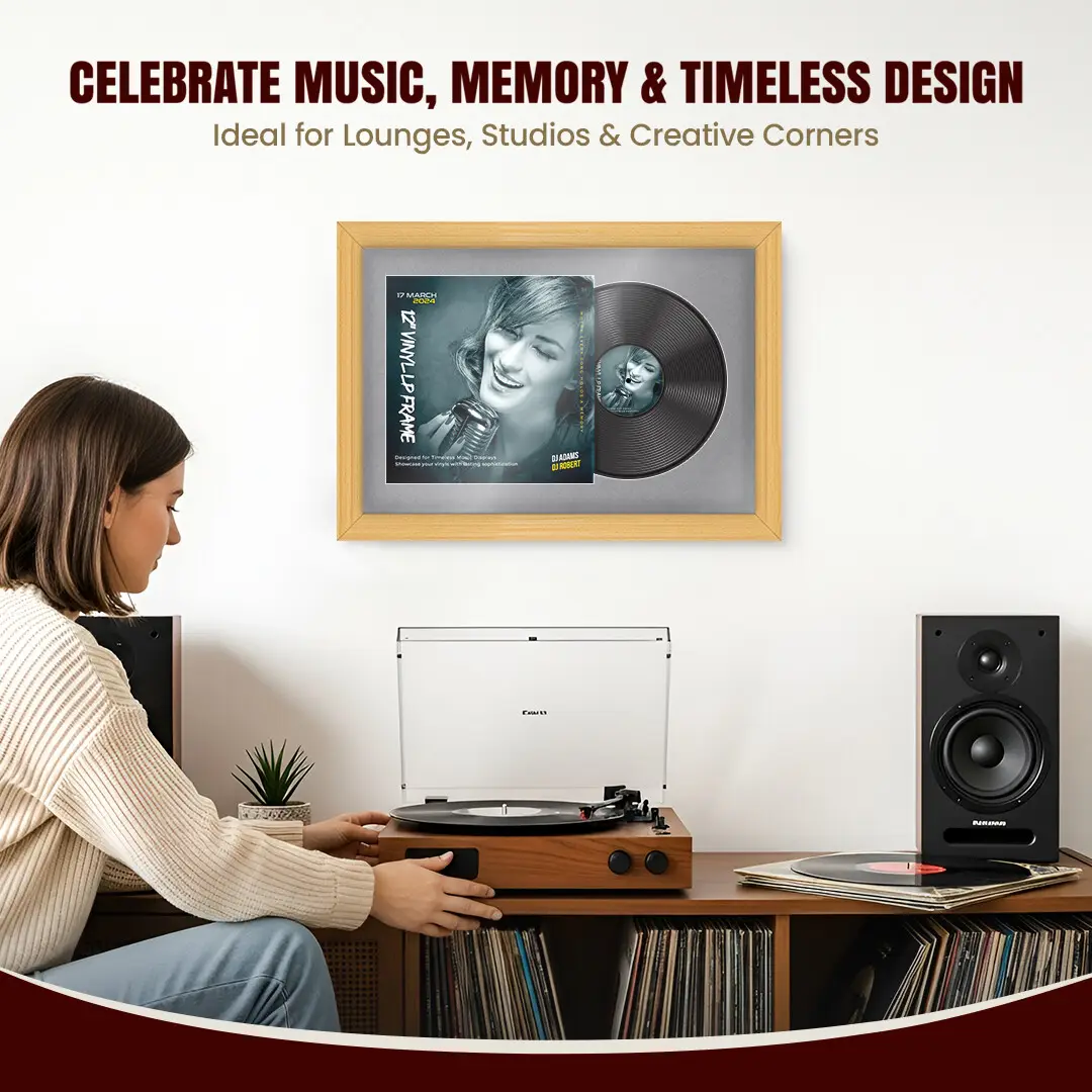 25x17" Classic Country Pine Vinyl Record Frame For 12 Inch LP Cover & Disc With Mid Grey Mount | Overlapped Vinyl Display thumbnail 4