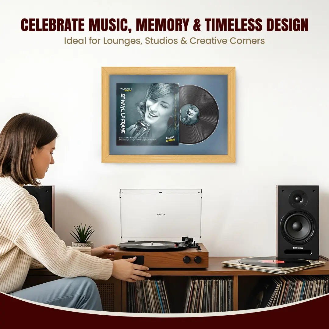 25x17" Classic Country Pine Vinyl Record Frame For 12 Inch LP Cover & Disc With Pompador Mount | Overlapped Vinyl Display thumbnail 4
