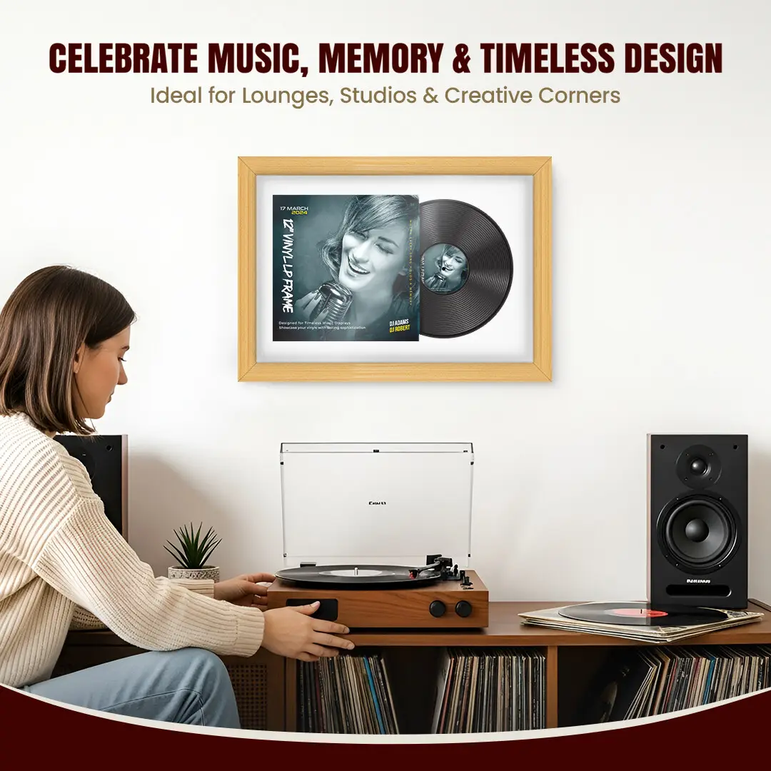 25x17" Classic Country Pine Vinyl Record Frame For 12 Inch LP Cover & Disc With Ice White Mount | Overlapped Vinyl Display thumbnail 4