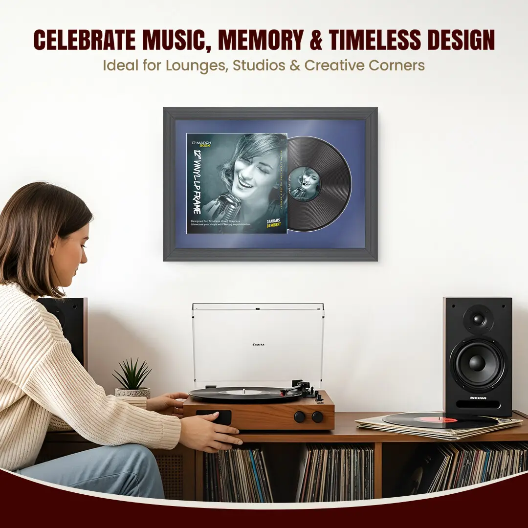 25x17" Classic Dark Grey Vinyl Record Frame For 12 Inch LP Cover & Disc With Blue Mount | Overlapped Vinyl Display thumbnail 4