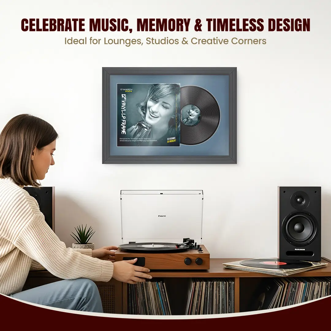 25x17" Classic Dark Grey Vinyl Record Frame For LP Cover & Disc With Pompador Mount | Overlapped Display thumbnail 4