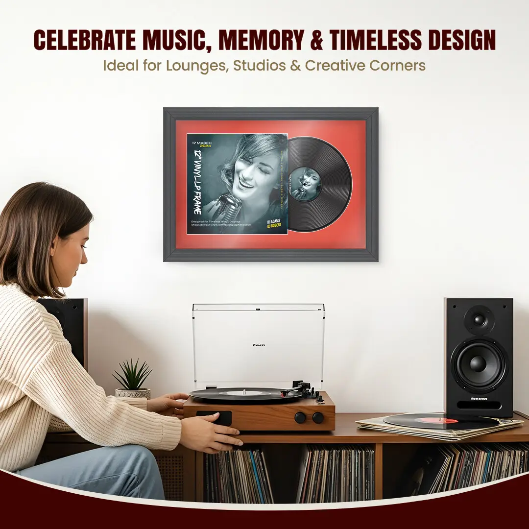 25x17" Classic Dark Grey Vinyl Record Frame For LP Cover & Disc With Poppy Red Mount | Overlapped Display thumbnail 4