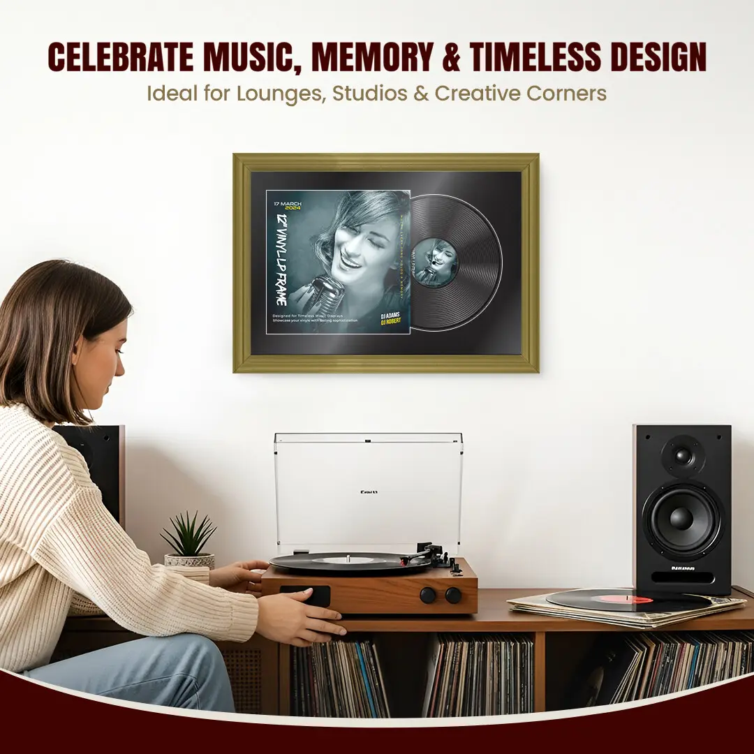 25x17" Classic Gold Vinyl Record Frame For 12 Inch LP Cover & Disc (Overlapped) With Black Mount | Elegant Music Display thumbnail 4