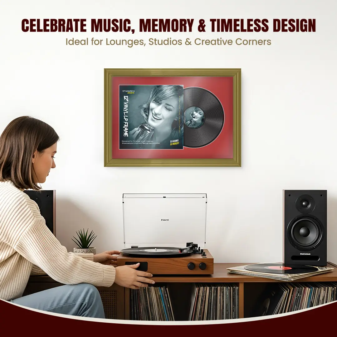25x17" Classic Gold Vinyl Record Frame For 12 Inch LP Cover & Disc (Overlapped) With Crimson Mount | Elegant Music Display thumbnail 4