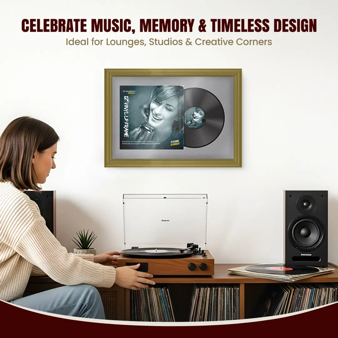 25x17" Classic Gold Vinyl Record Frame For LP Cover & Disc With Mid Grey Mount | Overlapped Display thumbnail 4