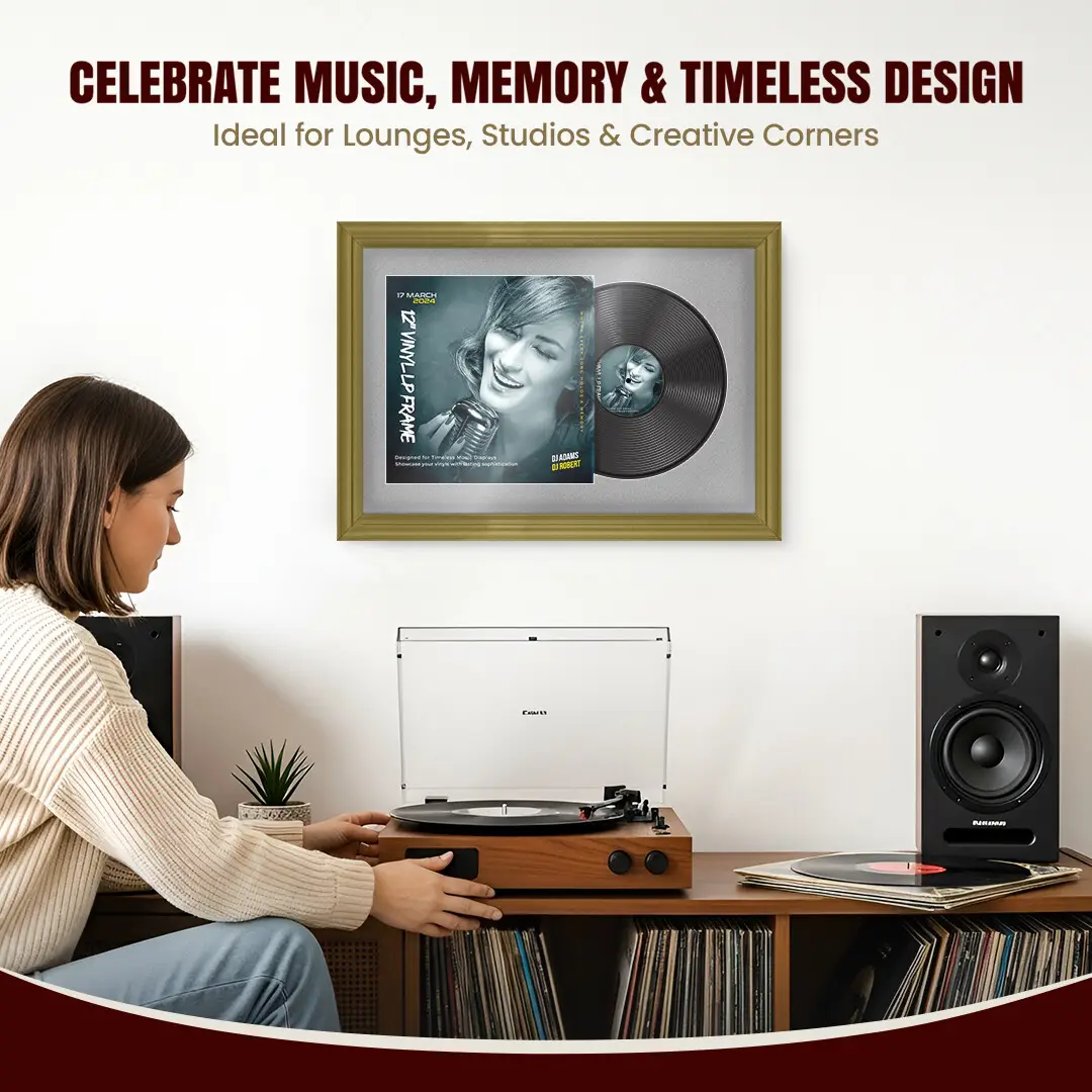 25x17" Classic Gold Vinyl Record Frame For 12 Inch LP Cover & Disc With Black Mount | Overlapped Vinyl Display thumbnail 4