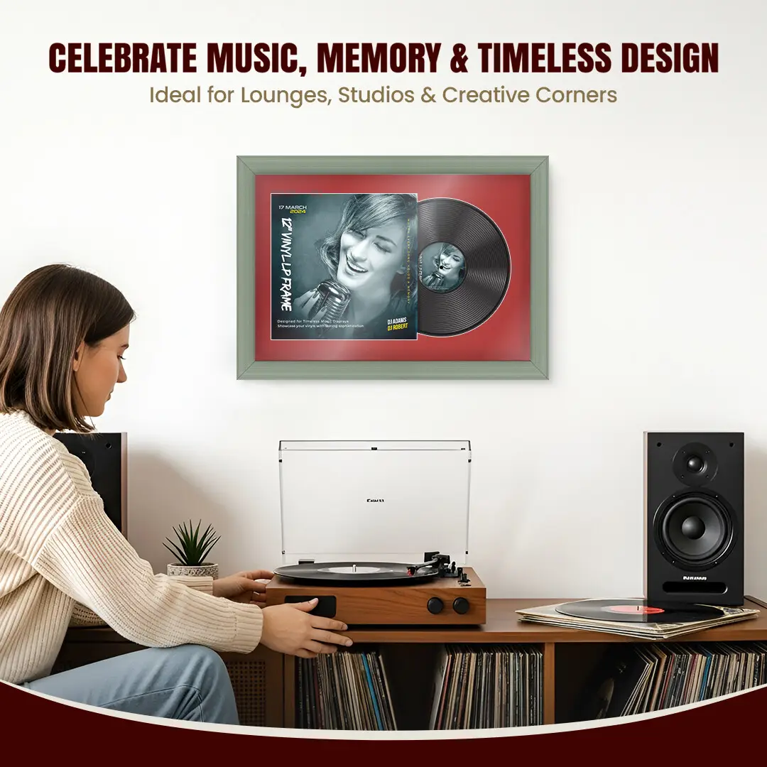 25x17" Classic Green Vinyl Record Frame For 12 Inch LP Cover & Disc With Crimson Mount | Overlapped Vinyl Display thumbnail 4