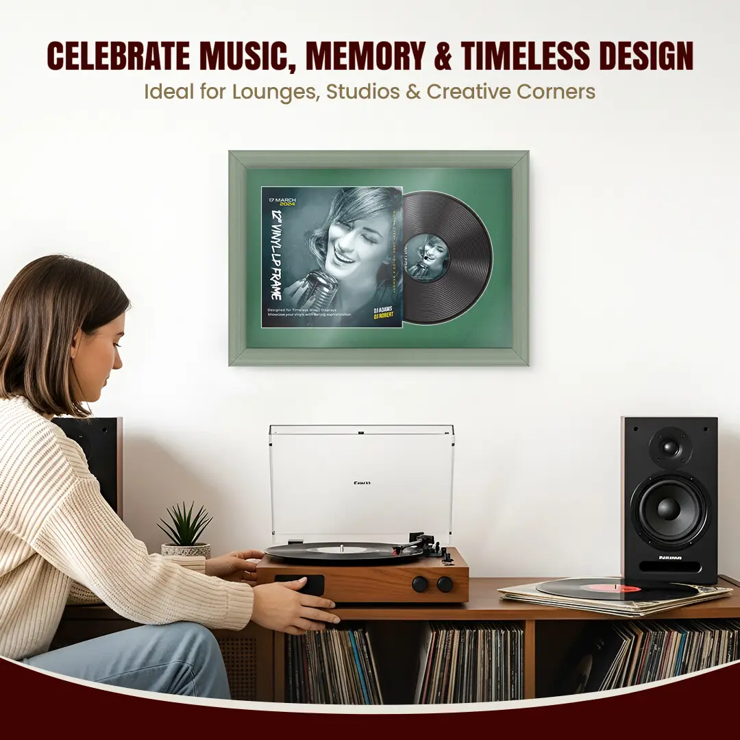 25x17" Classic Green Vinyl Record Frame For 12 Inch LP Cover & Disc With Emerald (Green) Mount | Overlapped Vinyl Display thumbnail 4