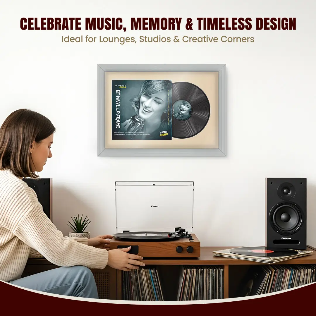 25x17" Classic Light Grey Vinyl Record Frame For 12 Inch LP Cover & Disc With Ivory Mount | Overlapped Vinyl Display thumbnail 4