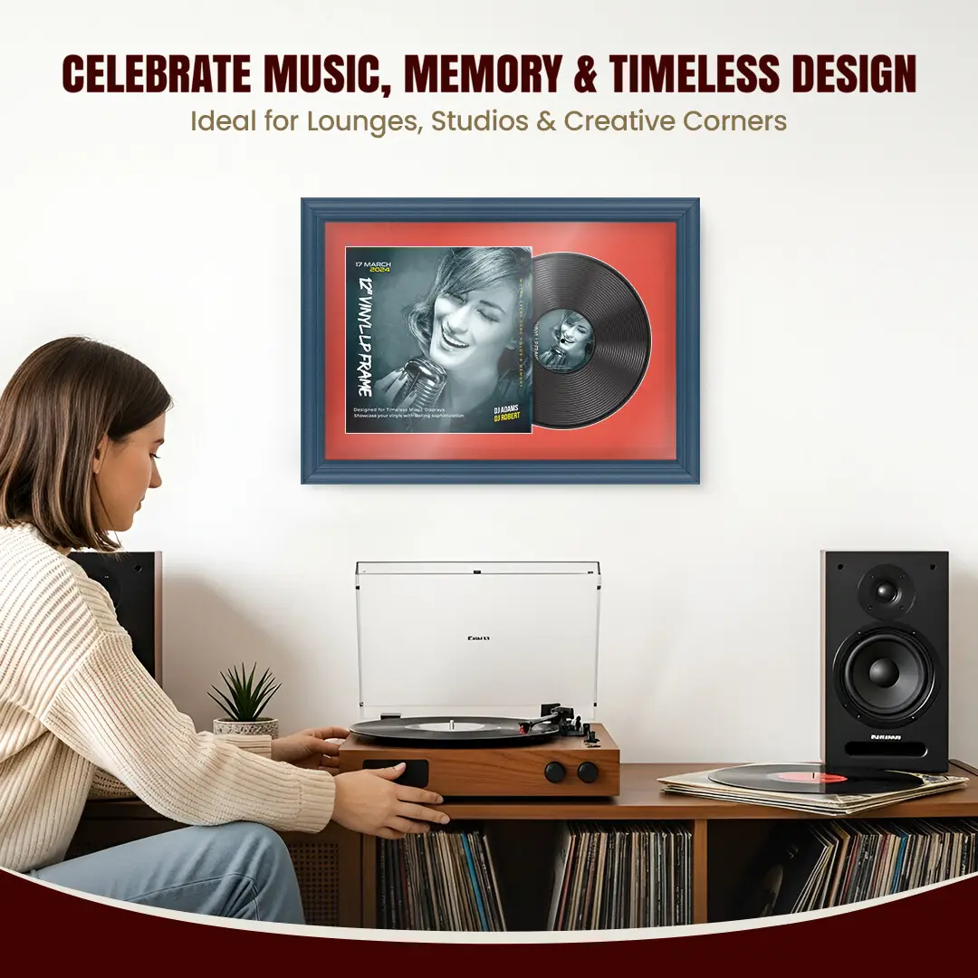 25x17" Classic Navy Blue Vinyl Record Frame For LP Cover & Disc With Poppy Red Mount | Overlapped Display thumbnail 4