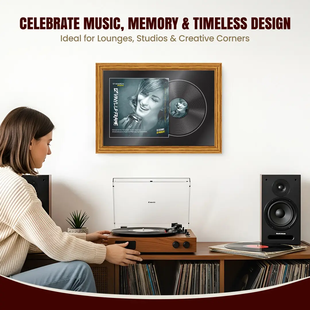 25x17" Classic Oak Vinyl Record Frame For 12 Inch LP Cover & Disc (Overlapped) With Black Mount | Elegant Music Display thumbnail 4