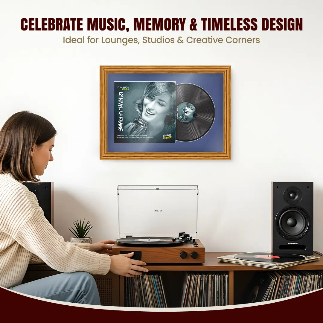 25x17" Classic Oak Vinyl Record Frame For LP Cover & Disc With Blue Mount | Overlapped Display thumbnail 4
