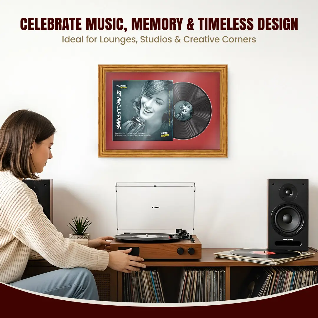 25x17" Classic Oak Vinyl Record Frame For 12 Inch LP Cover & Disc With Crimson Mount | Overlapped Vinyl Display thumbnail 4