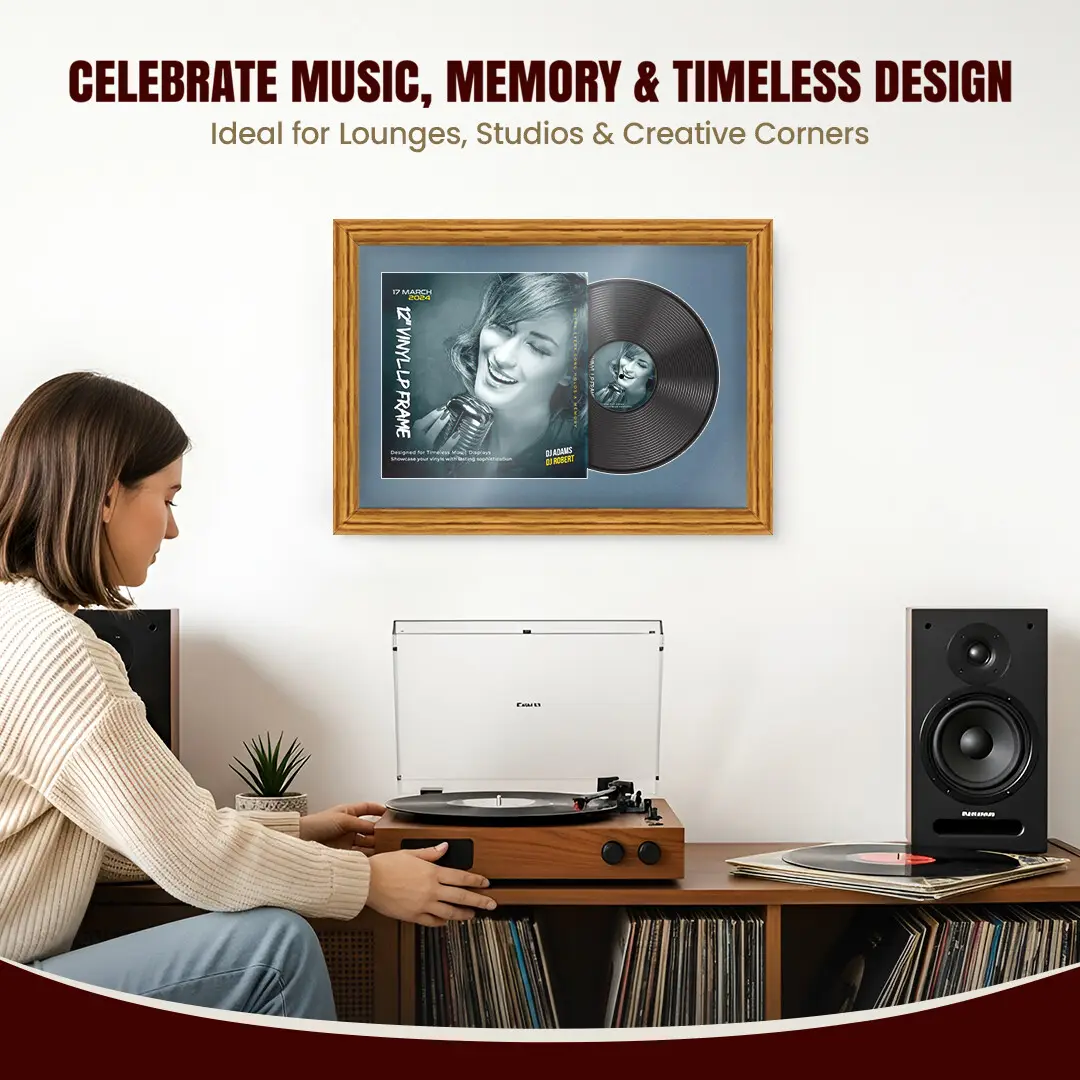 25x17" Classic Oak Vinyl Record Frame For 12 Inch LP Cover & Disc With Pompador Mount | Overlapped Vinyl Display thumbnail 4