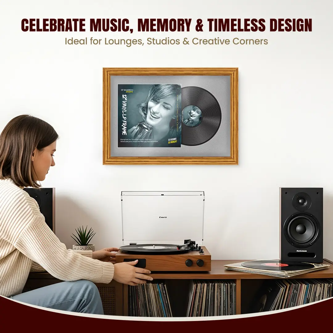 25x17" Classic Oak Vinyl Record Frame For 12 Inch LP Cover & Disc With Silver Mount | Overlapped Vinyl Display thumbnail 4