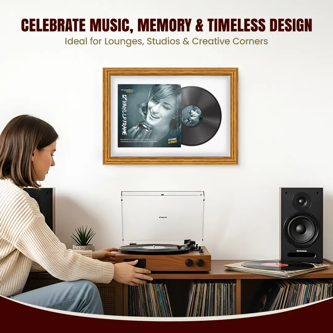 25x17" Classic Oak Vinyl Record Frame For LP Cover & Disc With Ice White Mount | Overlapped Display thumbnail 4