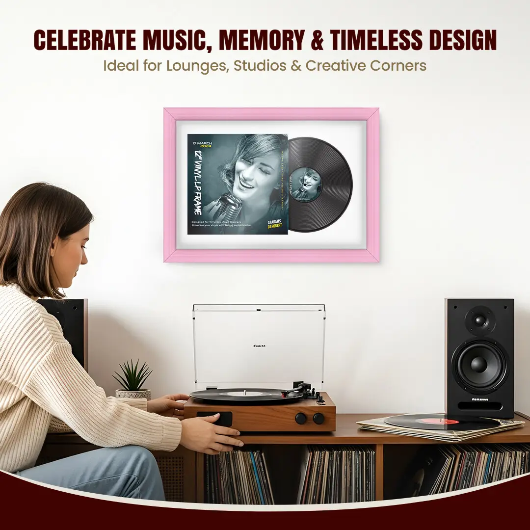 25x17" Classic Pastel Pink Vinyl Record Frame For 12 Inch LP Cover & Disc With Ice White Mount | Overlapped Vinyl Display thumbnail 4