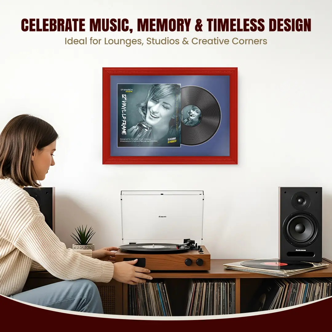 25x17" Classic Red Vinyl Record Frame For 12 Inch LP Cover & Disc With Blue Mount | Overlapped Vinyl Display thumbnail 4