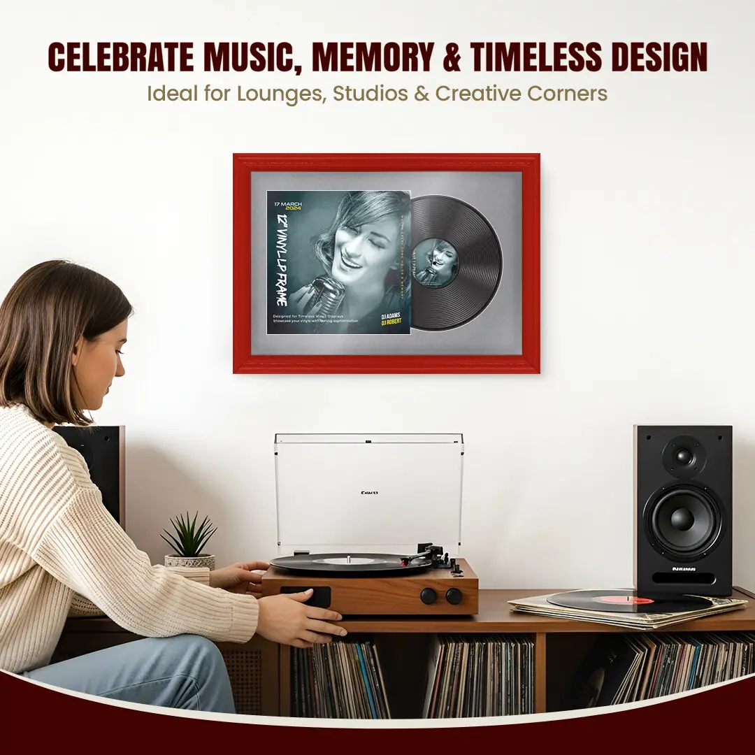 25x17" Classic Red Vinyl Record Frame For LP Cover & Disc With Mid Grey Mount | Overlapped Display thumbnail 4