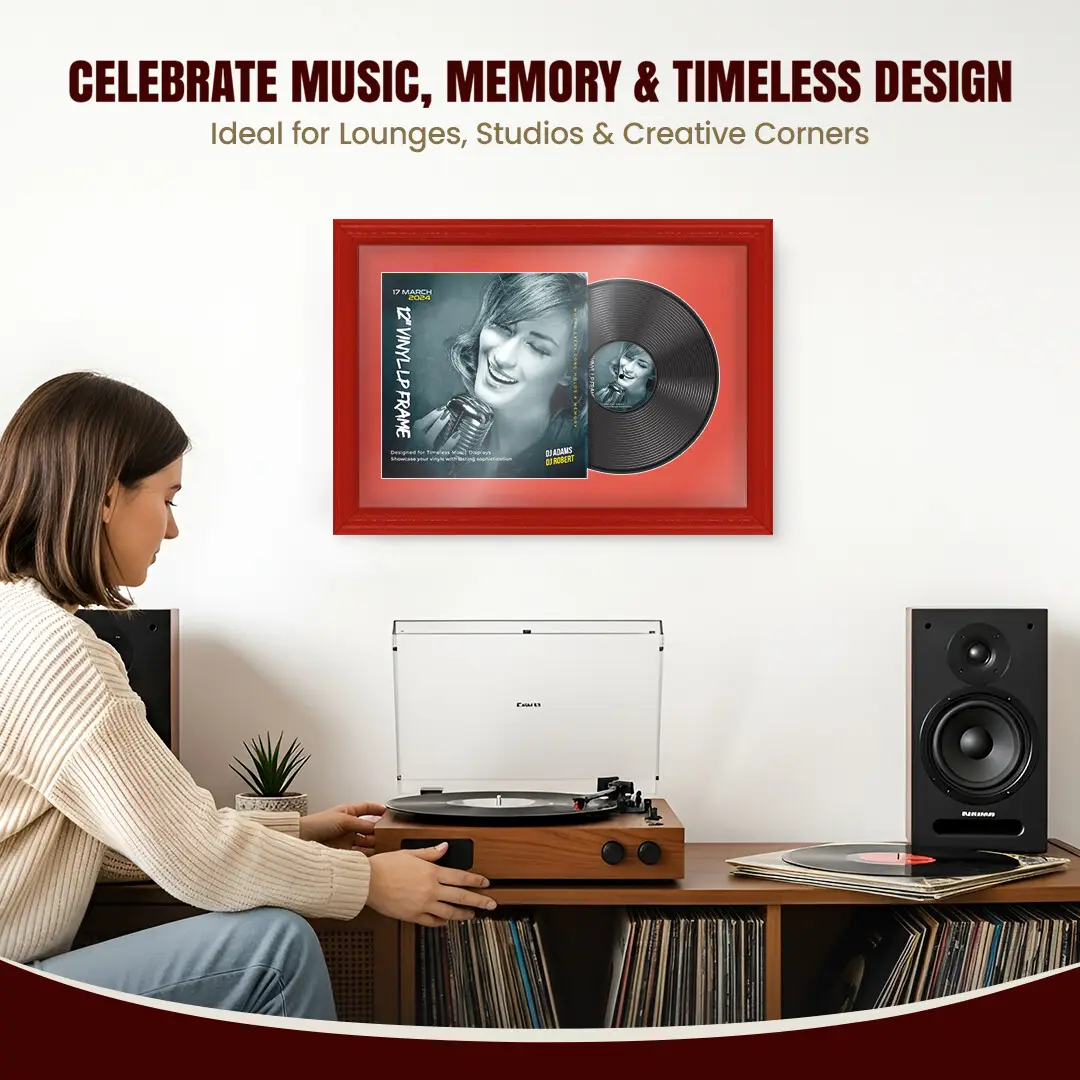 25x17" Classic Red Vinyl Record Frame For LP Cover & Disc With Poppy Red Mount | Overlapped Display thumbnail 4