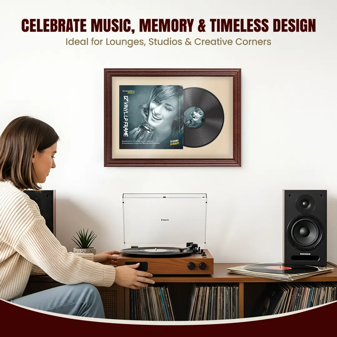 25x17" Classic Rose Wood Vinyl Record Frame For 12 Inch LP Cover & Disc (Overlapped) With Ivory Mount | Elegant Music Display thumbnail 4
