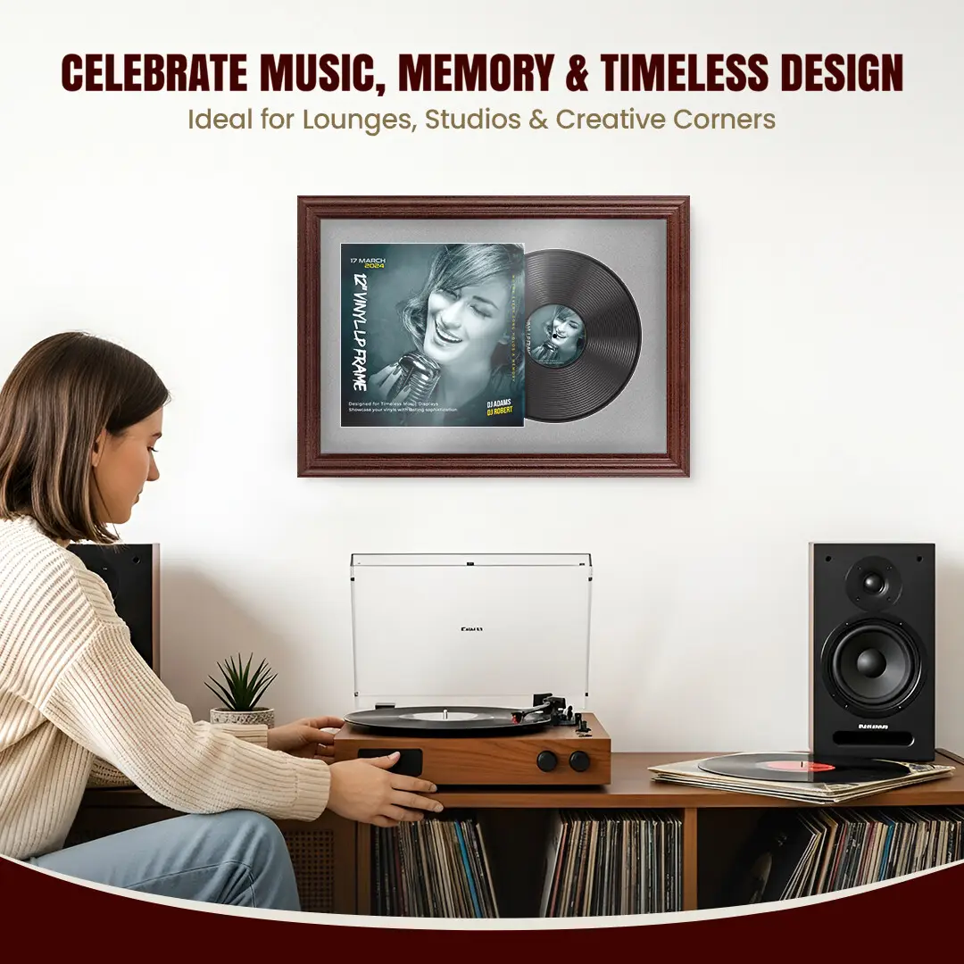 25x17" Classic Rose Wood Vinyl Record Frame For LP Cover & Disc With Silver Mount | Overlapped Display thumbnail 4