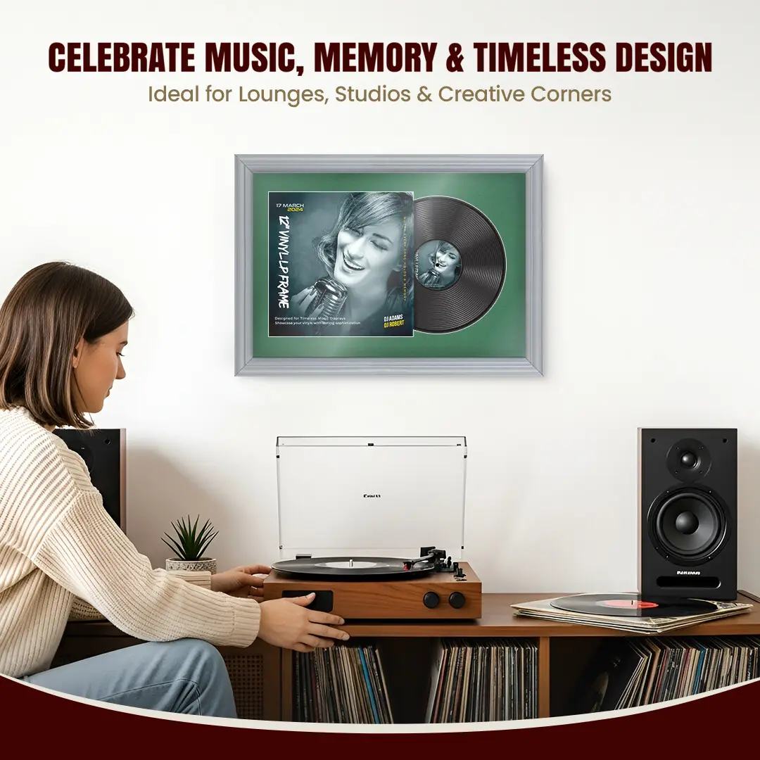25x17" Classic Silver Vinyl Record Frame For LP Cover & Disc With Emerald (Green) Mount | Overlapped Display thumbnail 4