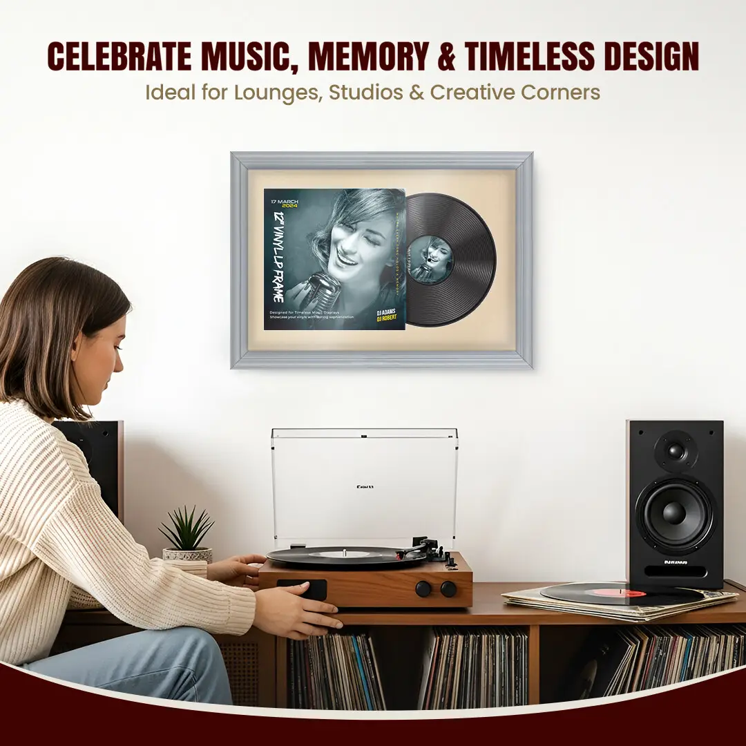 25x17" Classic Silver Vinyl Record Frame For LP Cover & Disc With Ivory Mount | Overlapped Display thumbnail 4