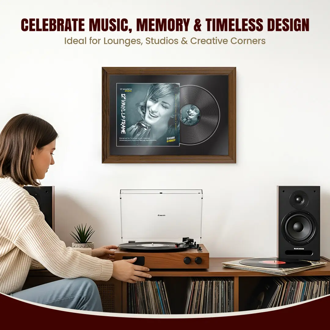 25x17" Classic Walnut Vinyl Record Frame For LP Cover & Disc With Black Mount | Overlapped Display thumbnail 4