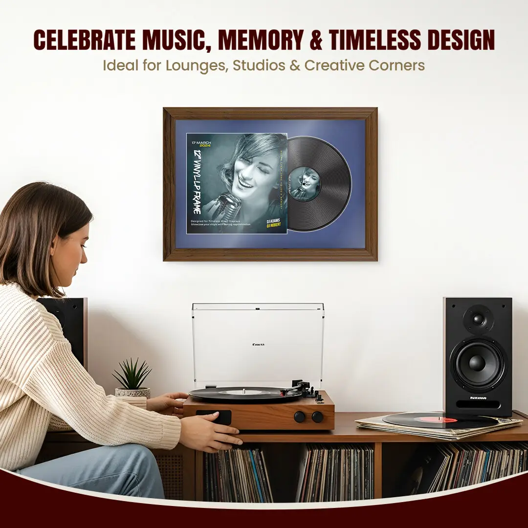 25x17" Classic Walnut Vinyl Record Frame For 12 Inch LP Cover & Disc (Overlapped) With Blue Mount | Elegant Music Display thumbnail 4