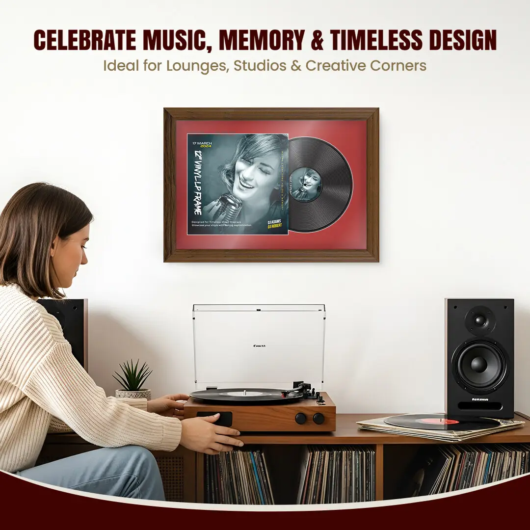 25x17" Classic Walnut Vinyl Record Frame For 12 Inch LP Cover & Disc (Overlapped) With Crimson Mount | Elegant Music Display thumbnail 4
