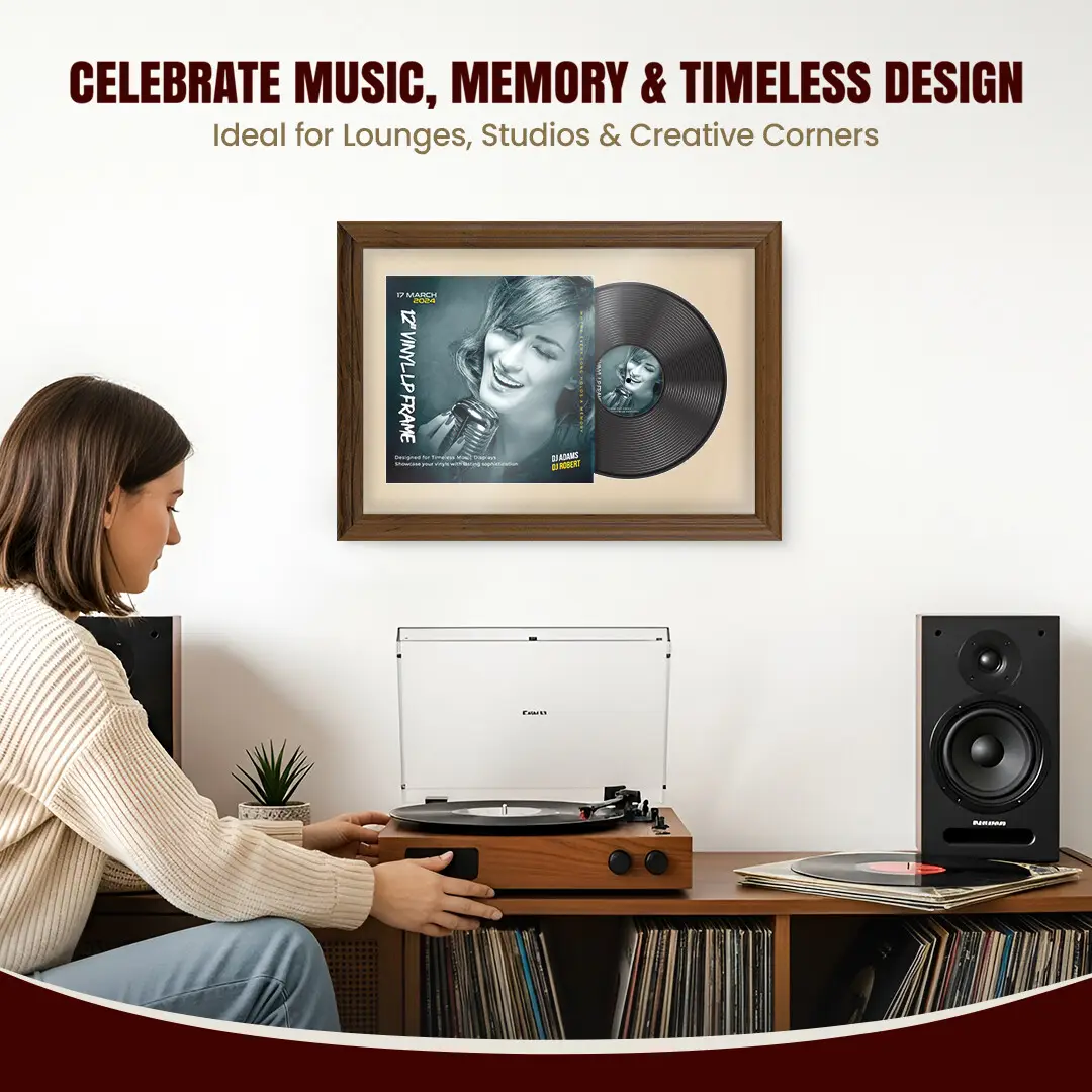 25x17" Classic Walnut Vinyl Record Frame For LP Cover & Disc With Ivory Mount | Overlapped Display thumbnail 4