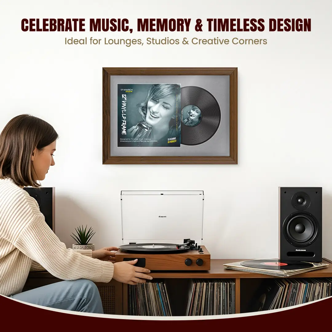 25x17" Classic Walnut Vinyl Record Frame For 12 Inch LP Cover & Disc (Overlapped) With Mid Grey Mount | Elegant Music Display thumbnail 4