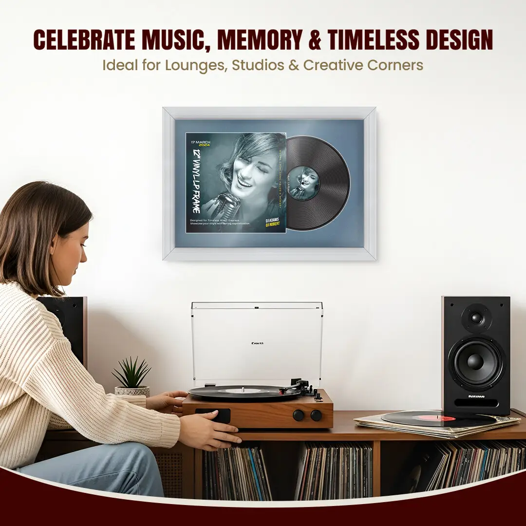 25x17" Classic White Vinyl Record Frame For 12 Inch LP Cover & Disc (Overlapped) With Pompador Mount | Elegant Music Display thumbnail 4