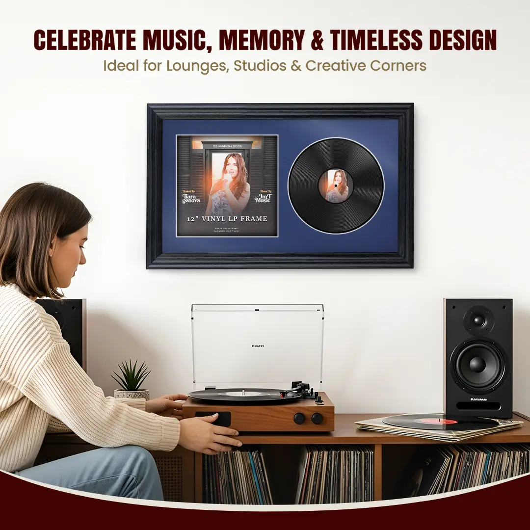 30x17" Classic Black Vinyl Record Frame With Silver Mount | For 12" LP Cover and Disc Side By Side Display thumbnail 4