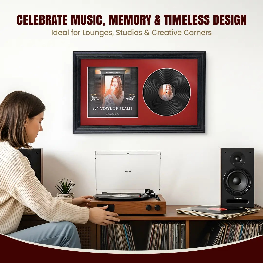 30x17" Classic Black Vinyl Record Frame With Crimson Mount | Side by Side 12" LP Cover & Disc Display thumbnail 4