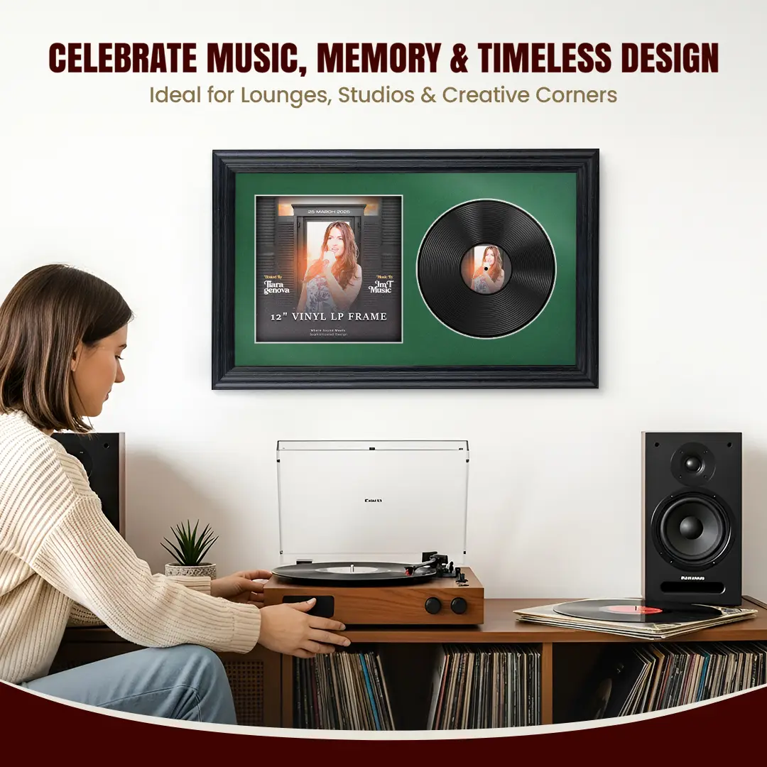 30x17" Classic Black Vinyl Record Frame With Emerald (Green) Mount | For 12" LP Cover and Disc Side By Side Display thumbnail 4