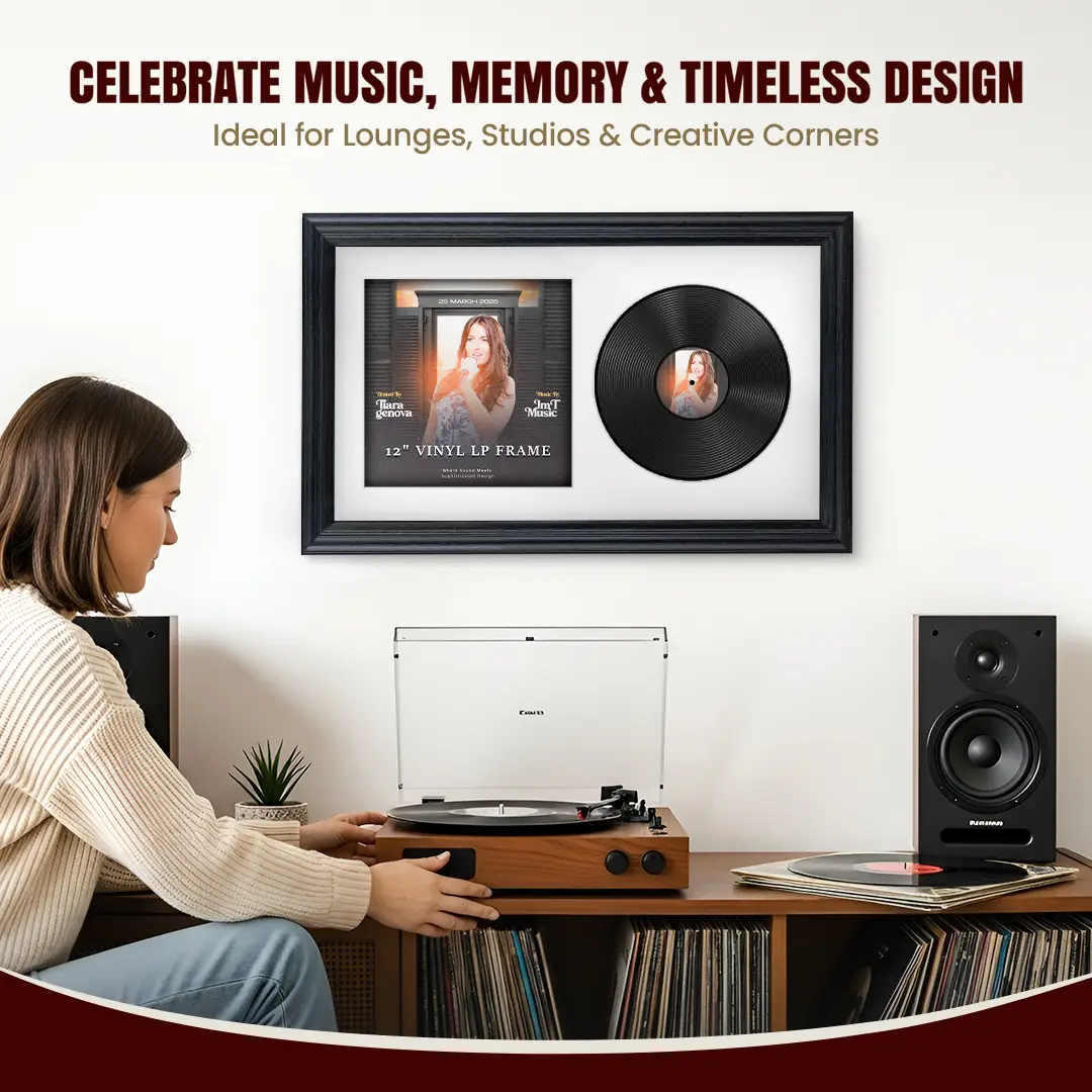 30x17" Classic Black Vinyl Record Frame With Ice White Mount | Displays 12" LP Cover & Disc Side by Side thumbnail 4