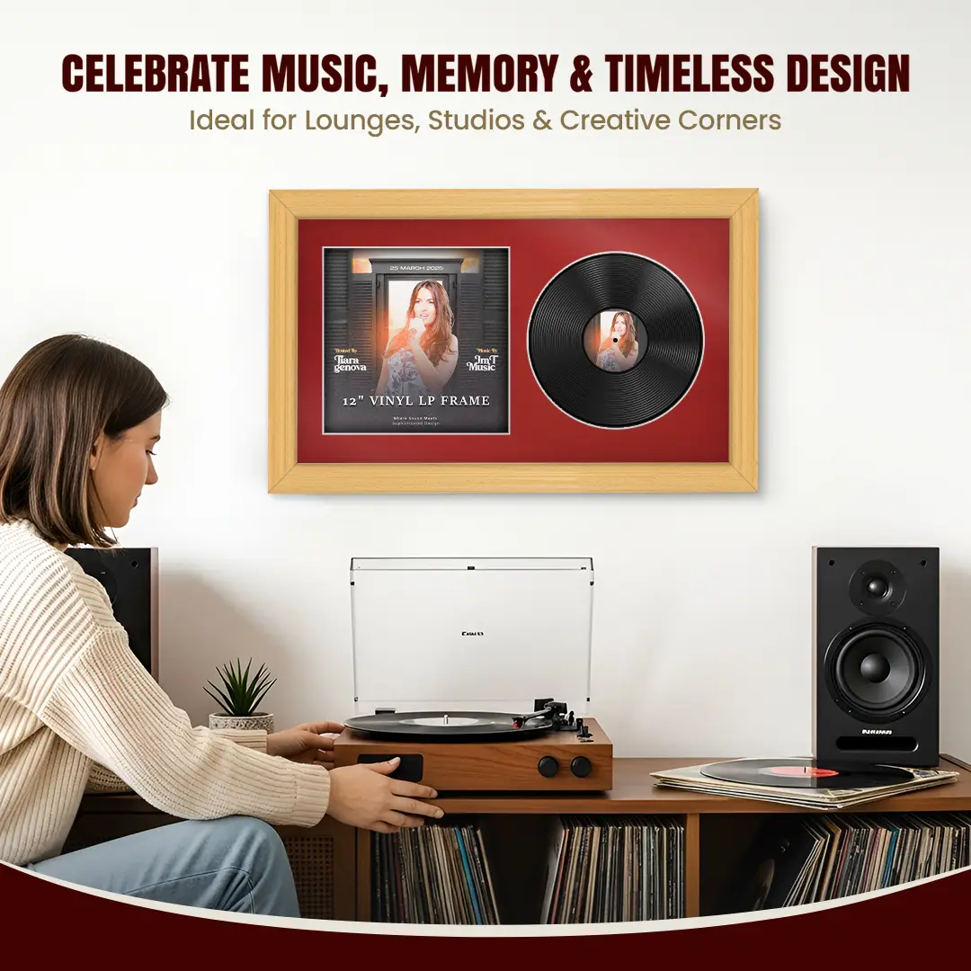 30x17" Classic Country Pine Vinyl Record Frame With Crimson Mount | Displays 12" LP Cover & Disc Side by Side thumbnail 4