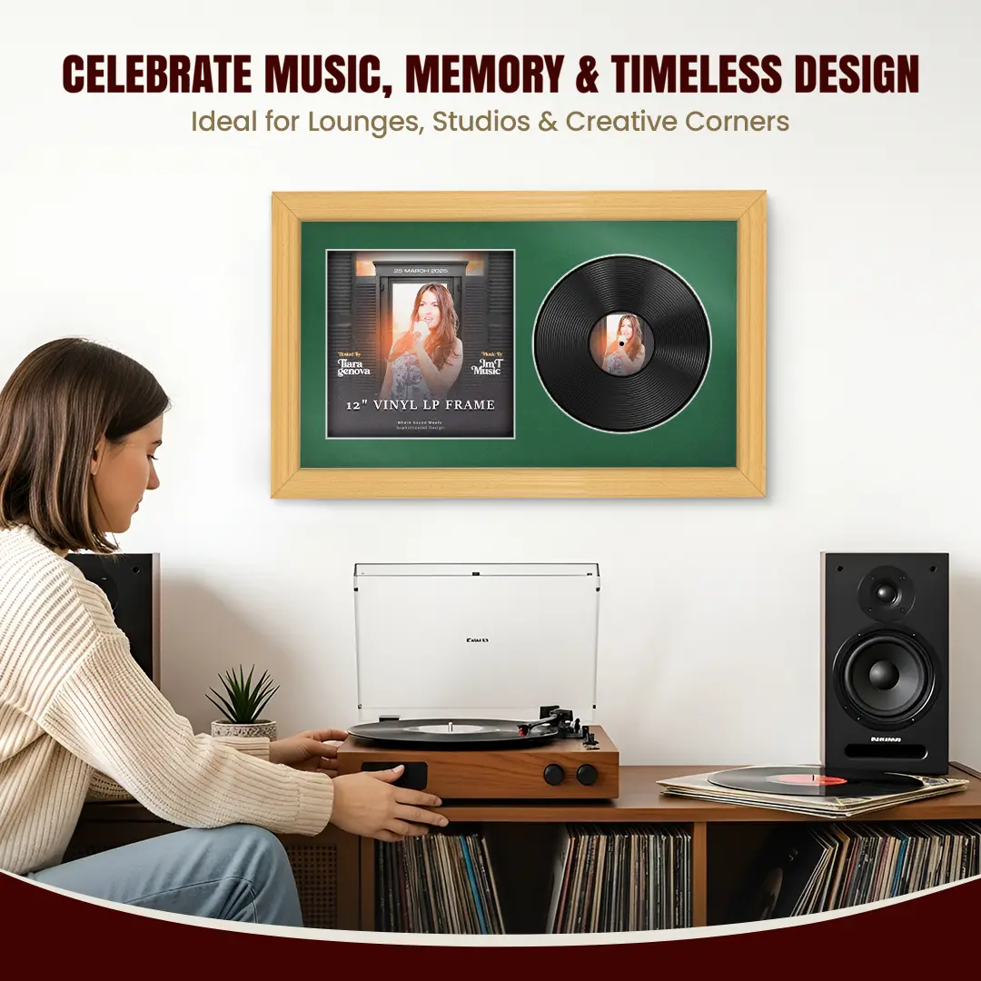 30x17" Classic Country Pine Vinyl Record Frame With Emerald (Green) Mount | Side by Side 12" LP Cover & Disc Display thumbnail 4