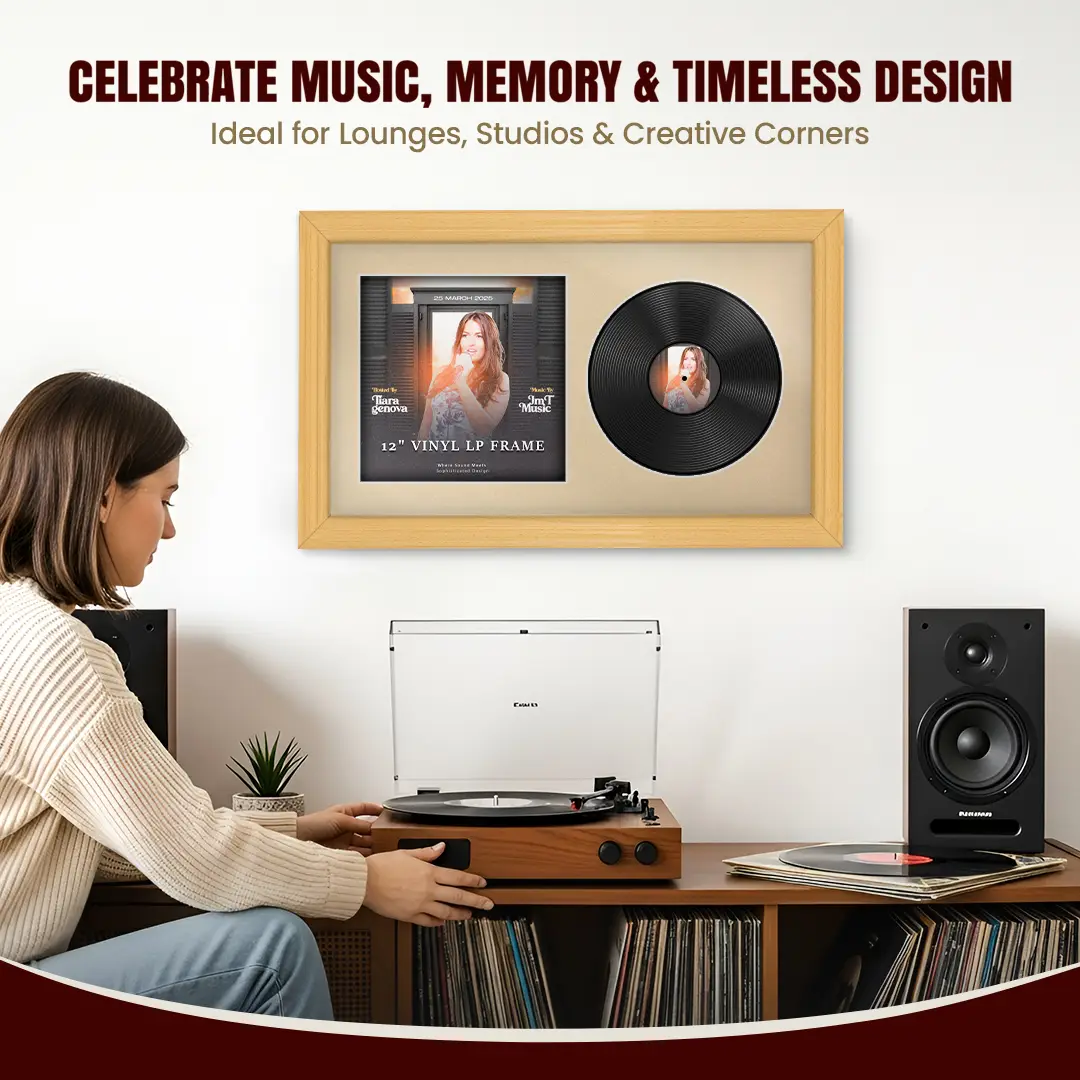 30x17" Classic Country Pine Vinyl Record Frame With Ivory Mount | Side by Side 12" LP Cover & Disc Display thumbnail 4