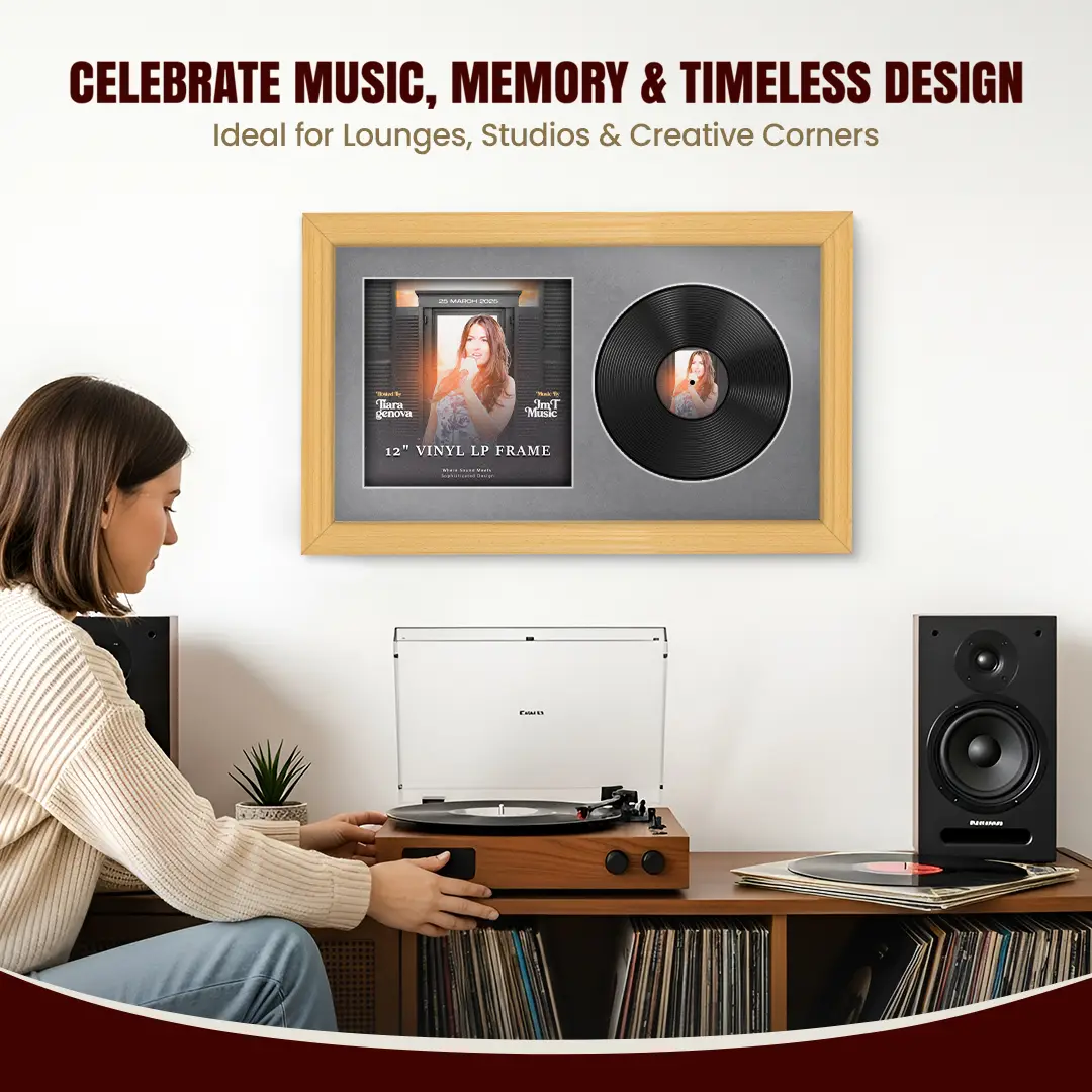 30x17" Classic Country Pine Vinyl Record Frame With Mid Grey Mount | For 12" LP Cover and Disc Side By Side Display thumbnail 4