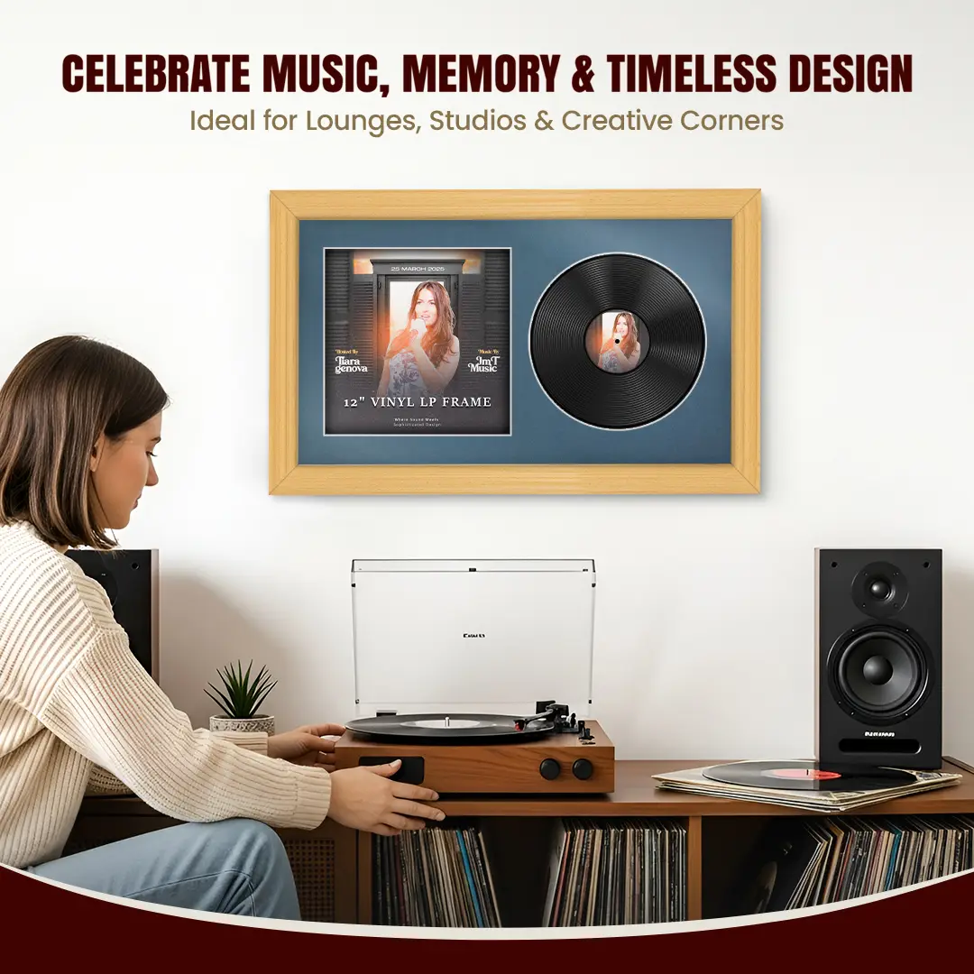 30x17" Classic Country Pine Vinyl Record Frame With Pompador Mount | For 12" LP Cover and Disc Side By Side Display thumbnail 4