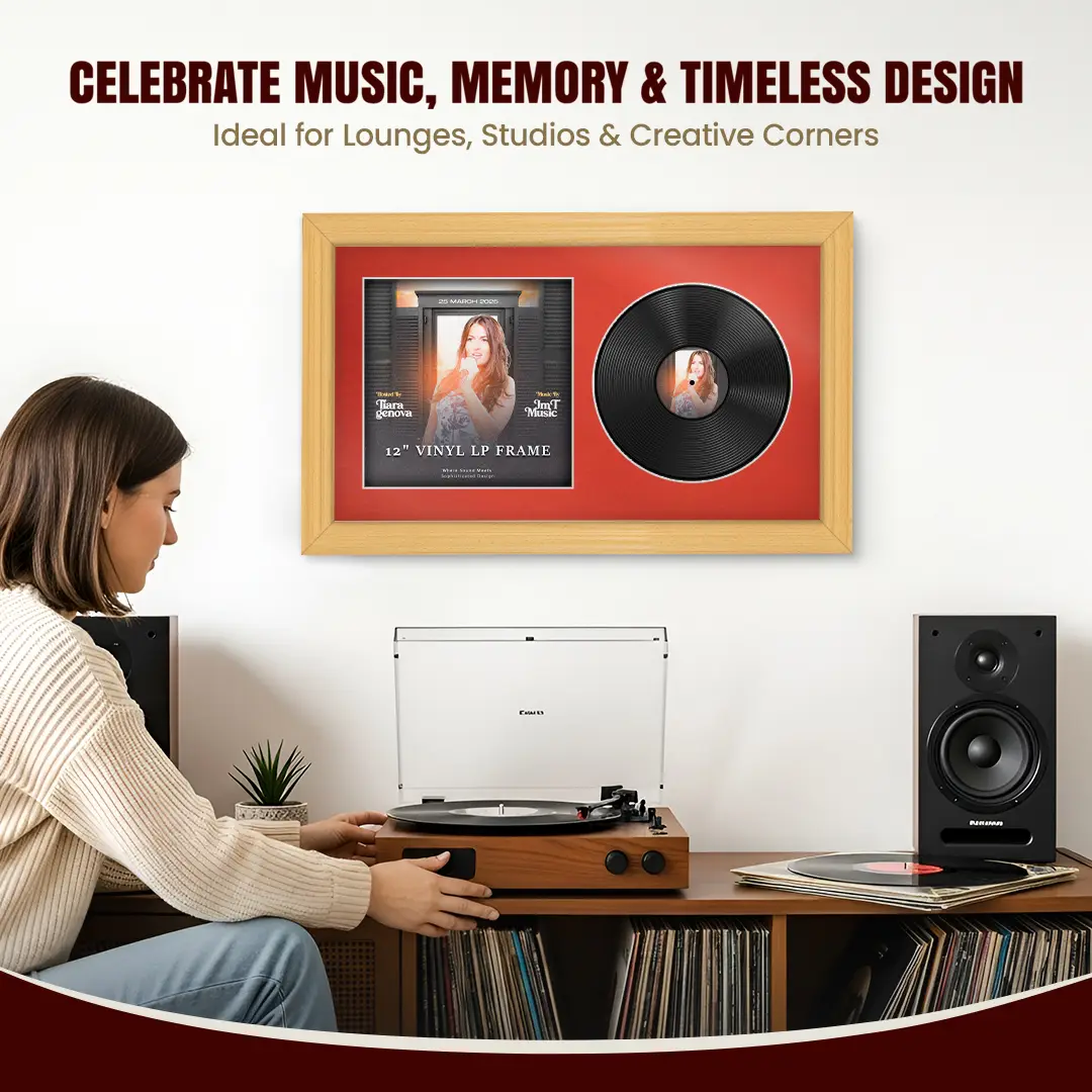 30x17" Classic Country Pine Vinyl Record Frame With Poppy Red Mount | Side by Side 12" LP Cover & Disc Display thumbnail 4